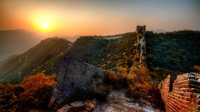 Great Wall at Sunset — Orange, Serene, Photograph, Mountain, Sun