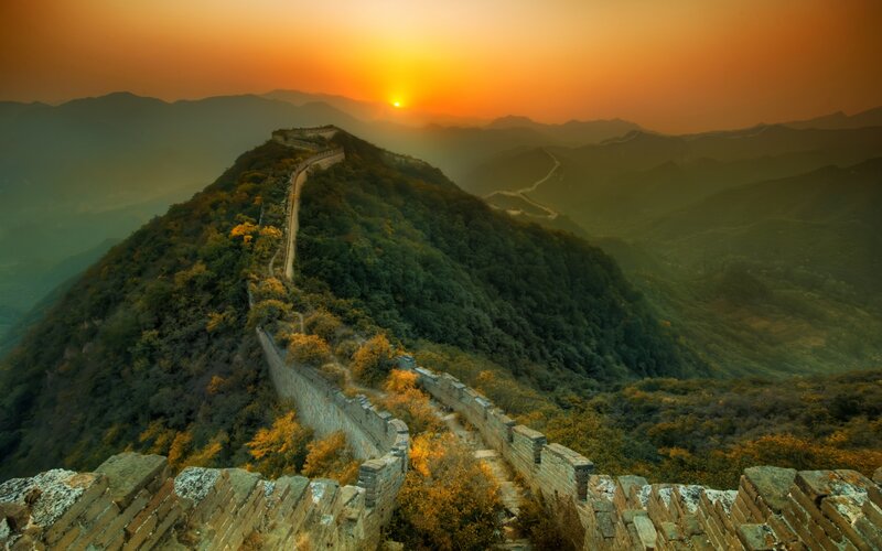 Great Wall at Sunset — Orange, Serene, Photograph, Mountain