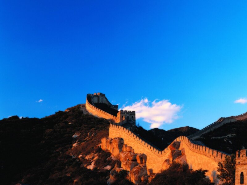 Great Wall of China — Blue, Dramatic, Sunset, Photograph, Mountain, Tower