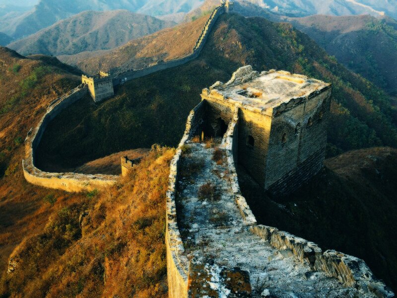 Great Wall of China — Brown, Dramatic, Sunset, Photograph, Mountain, Fortress, Path