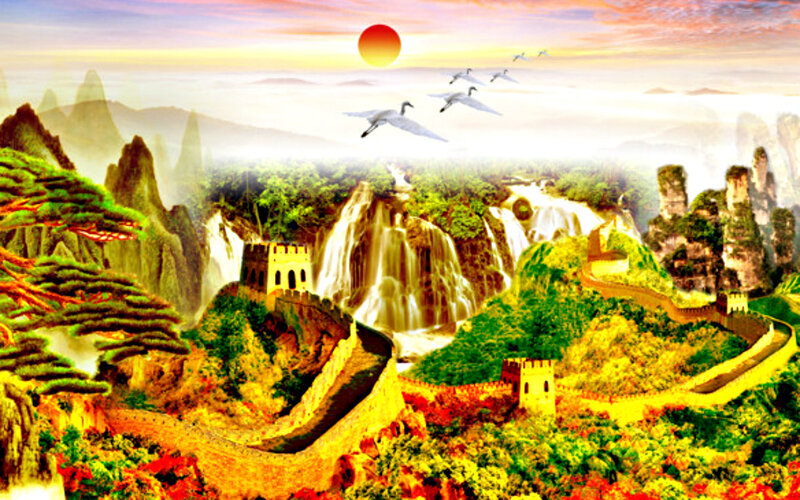 Great Wall of China — Green, Serene, Sunset, Digital Art