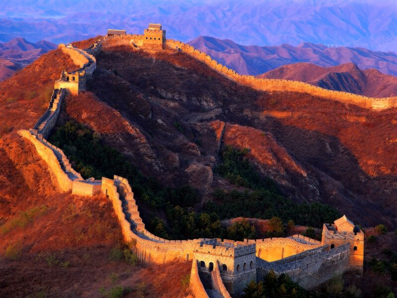Great Wall of China — Orange, Dramatic, Sunset, Photograph, Mountains