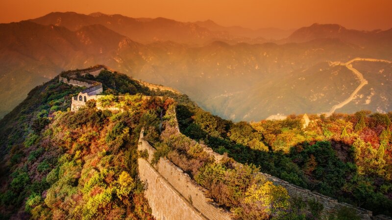 Great Wall of China — Orange, Serene, Sunset, Photograph, Mountains