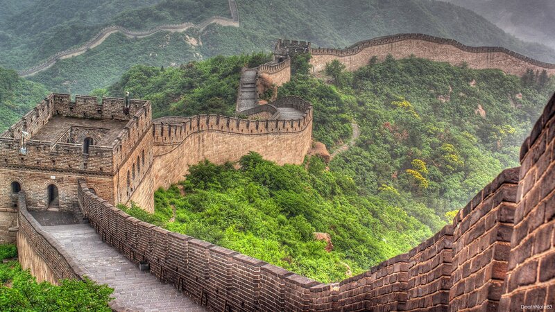 Great Wall of China winding through mountains