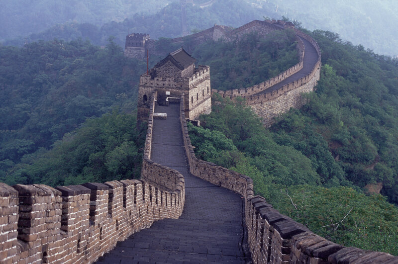 Great Wall of China winding through mountains