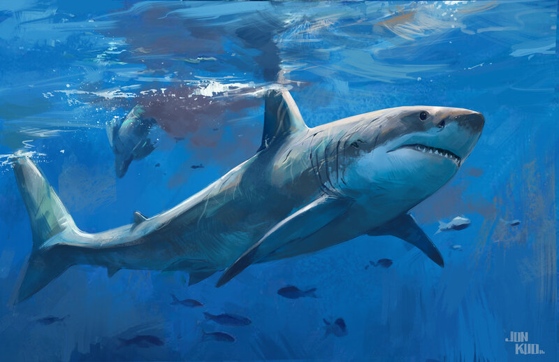 Great White Shark Swimming — Blue, Dramatic, Digital Art, Fish