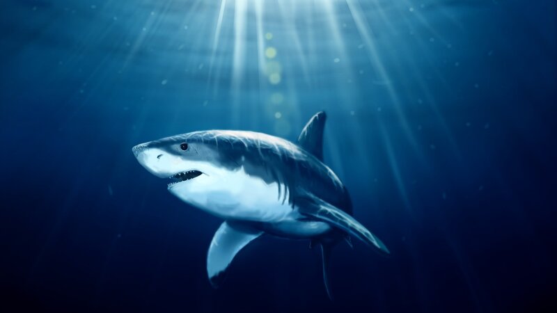 Great White Shark Swimming — Blue, Dramatic, Digital Art, Sunlight, Ocean, Rays
