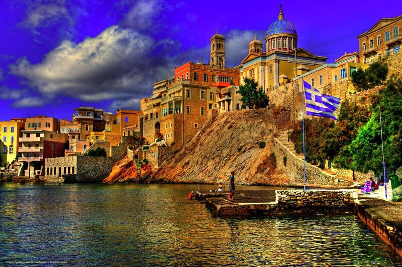 Greek Coastal Town — Blue