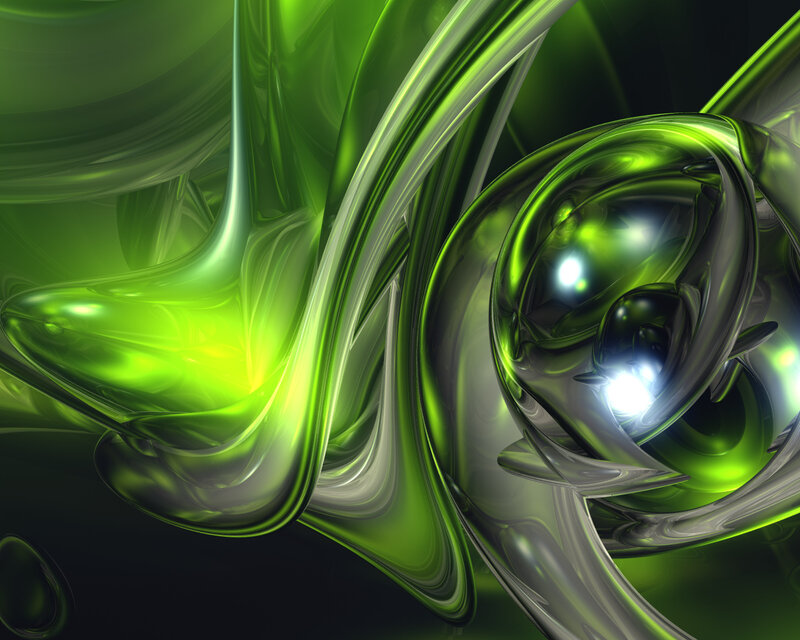 Green Abstract Swirls — Dynamic, Digital Art, Light, Reflection, Black