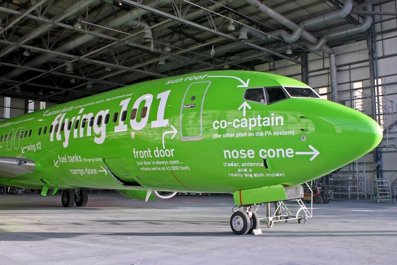 Green airplane in hangar