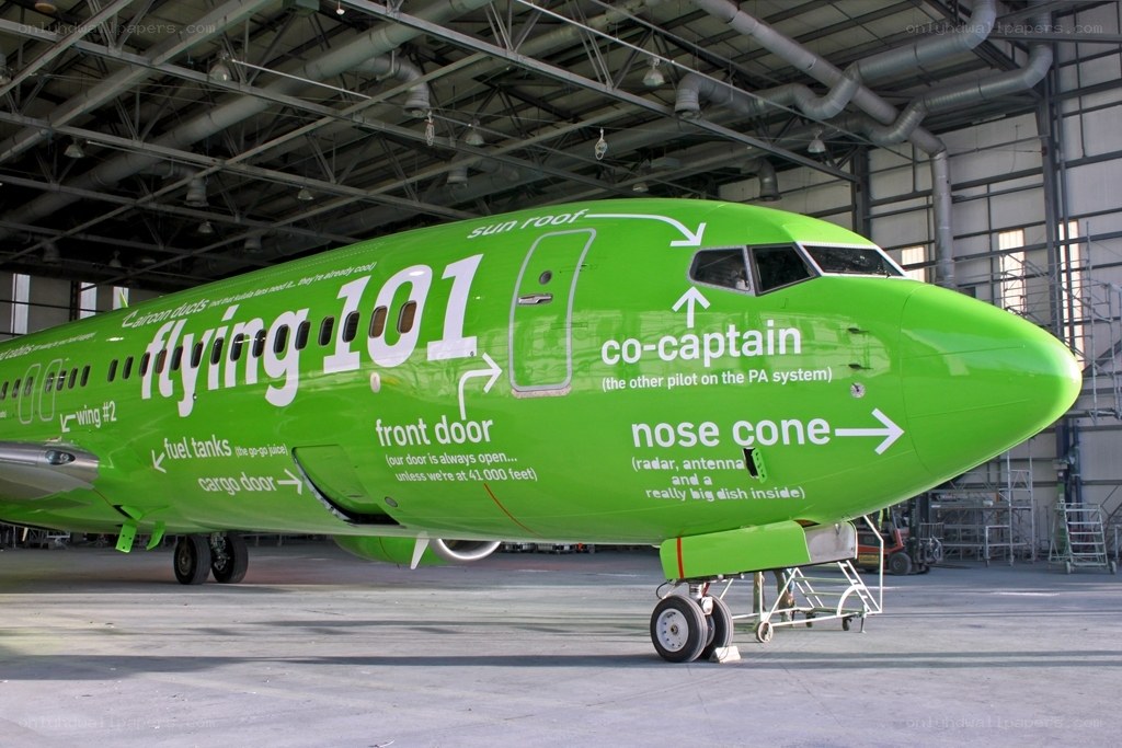 Green airplane in hangar
