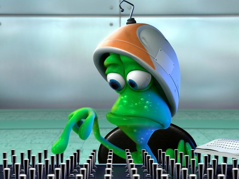 green alien at control panel