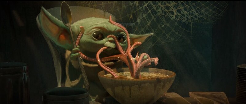 Green Alien Baby Eating Soup