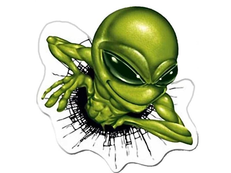 green alien breaking through wall