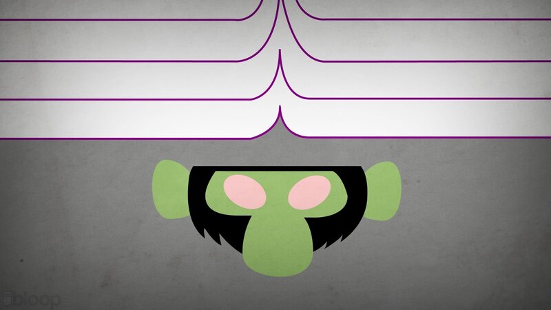 Green Alien Character — Playful, Digital Art, Purple Lines, Gray Background