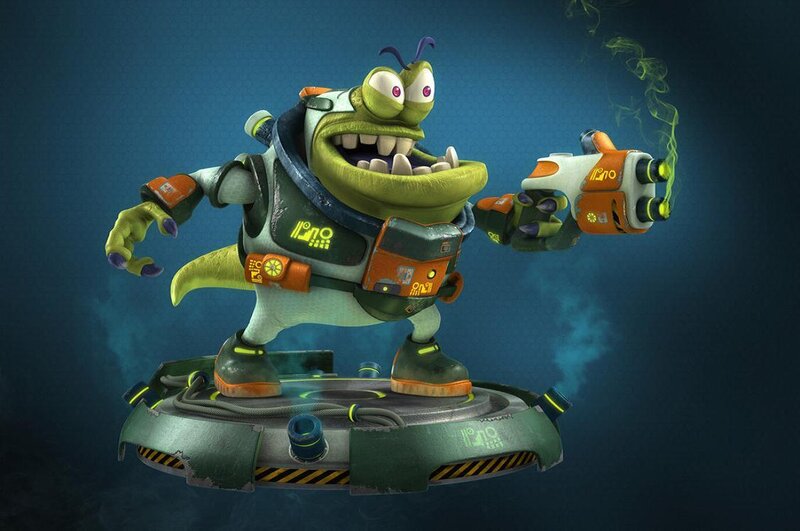 green alien character with weapon