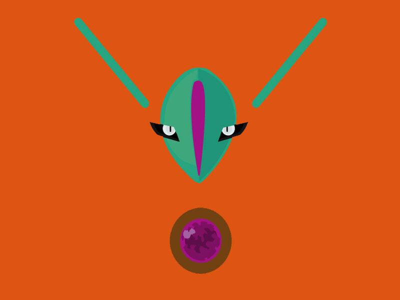 green alien face with purple gem