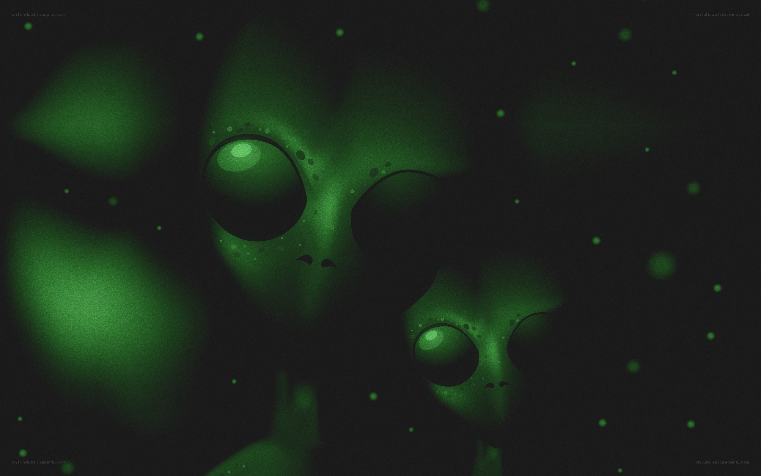 green alien faces in space