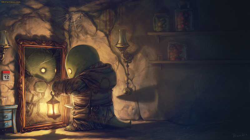 Green Alien in Cave — Brown, Dramatic