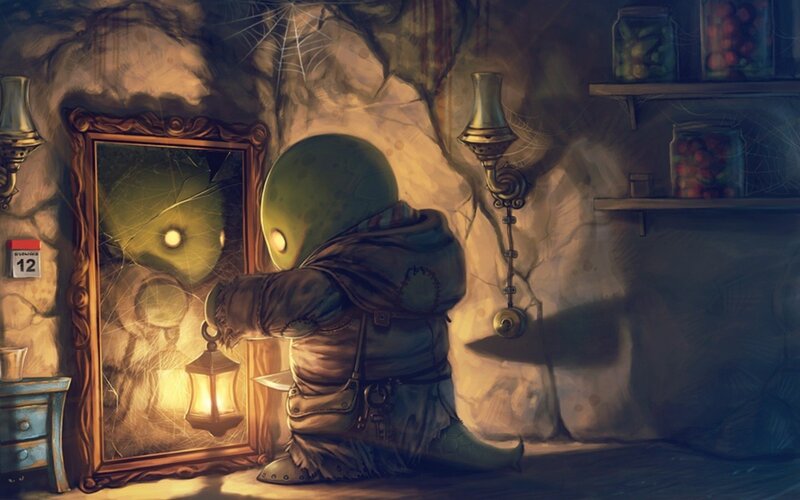 Green Alien in Cave — Brown