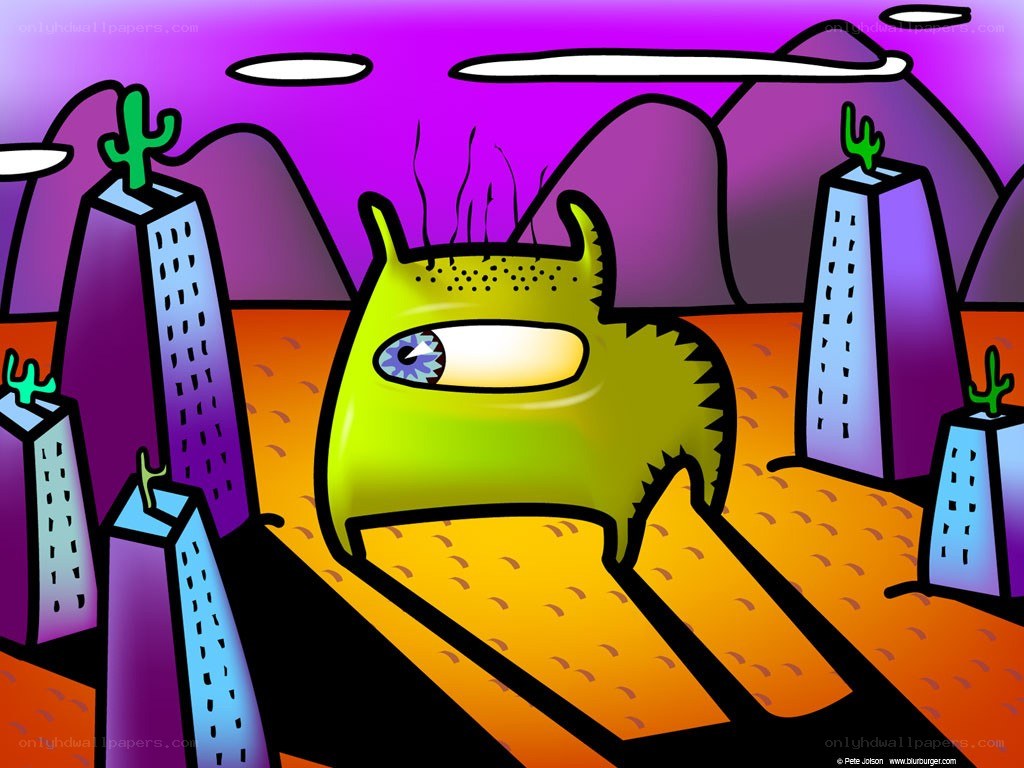 green alien in desert city