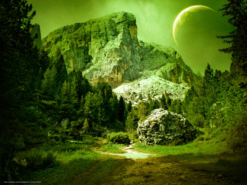 Green alien landscape with moon