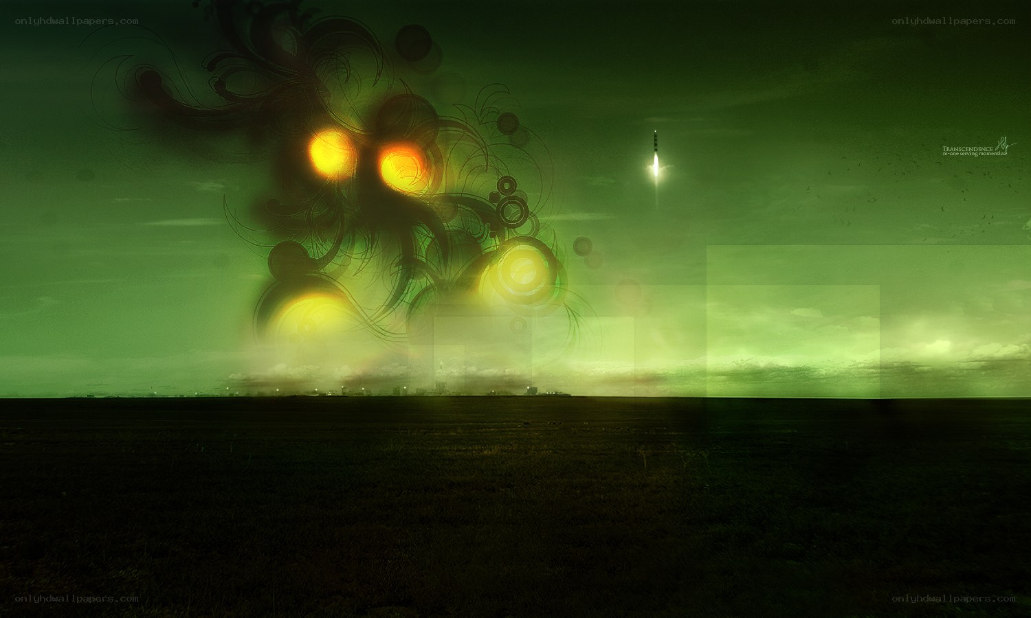 Green alien landscape with rocket