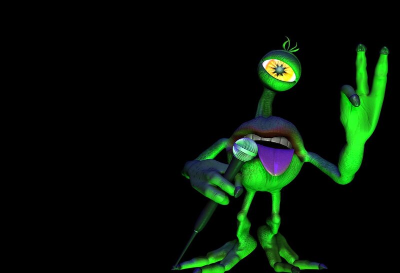 green alien singing into microphone