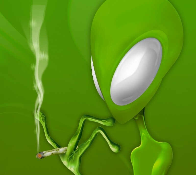 green alien smoking a cigarette