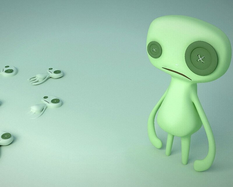 green alien with button eyes