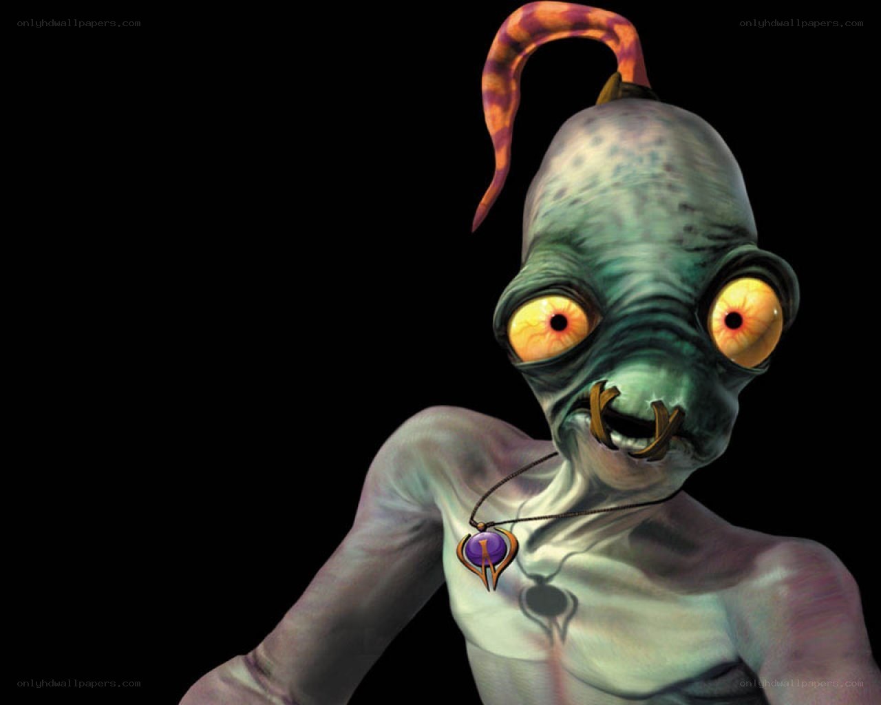 green alien with glowing eyes
