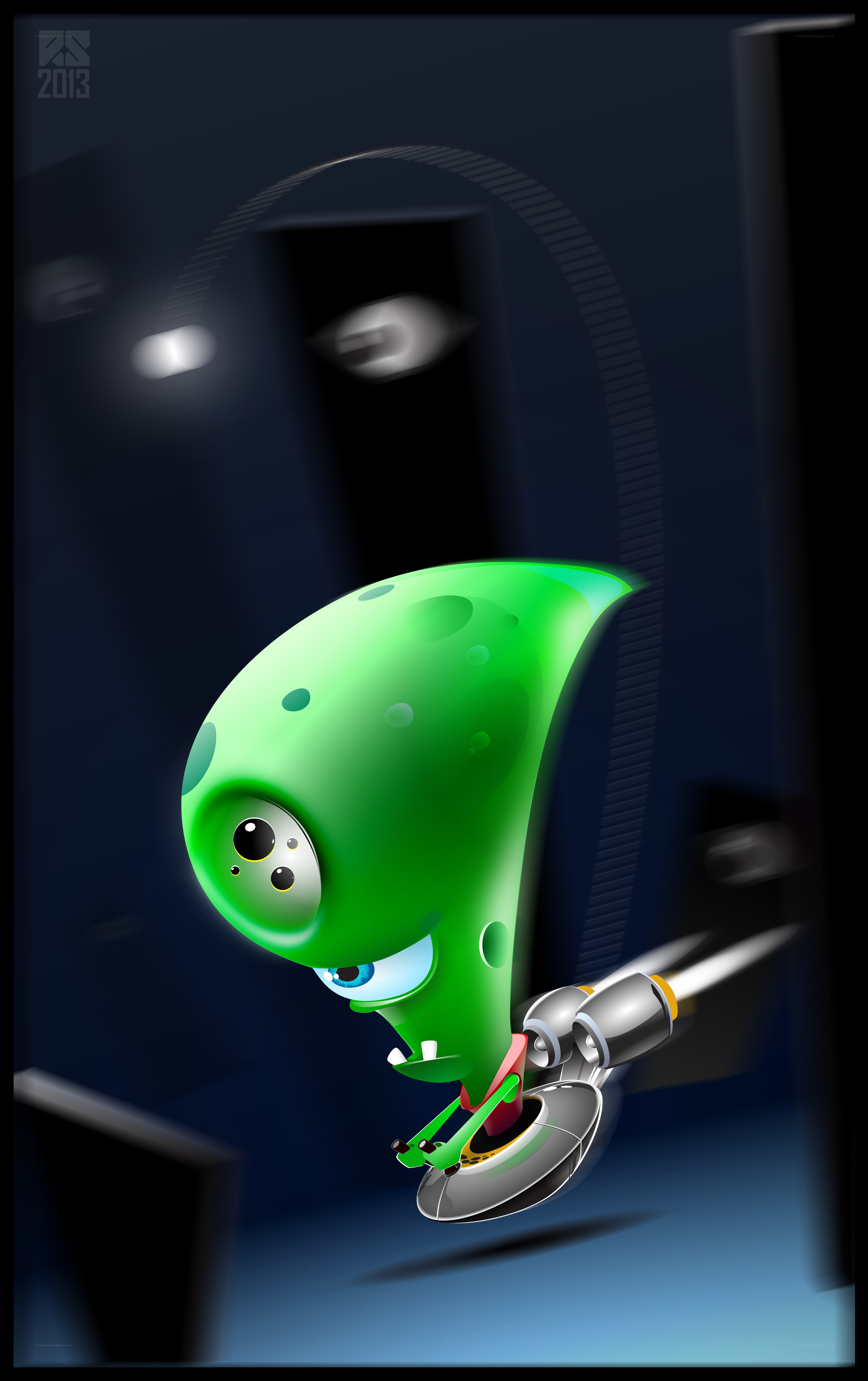 green alien with jetpack
