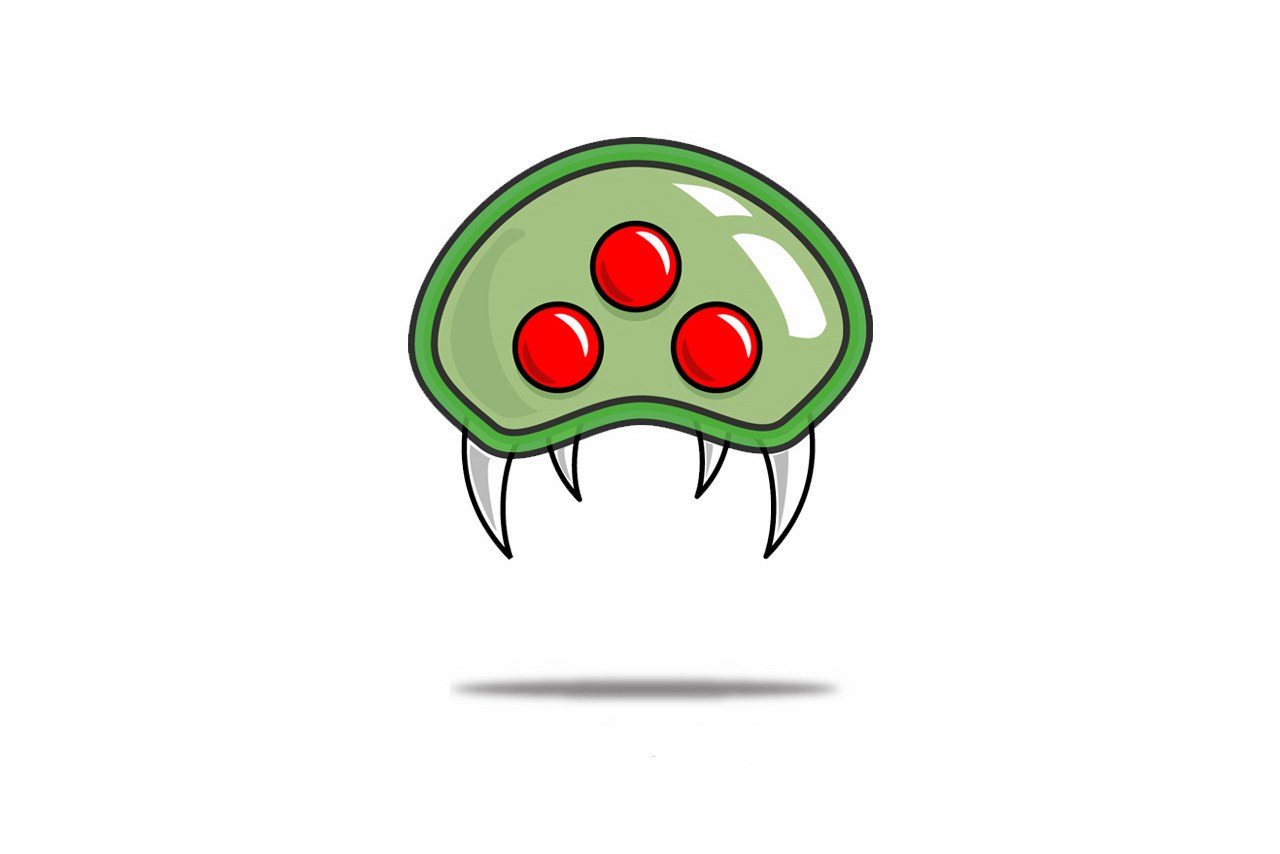 green alien with red eyes