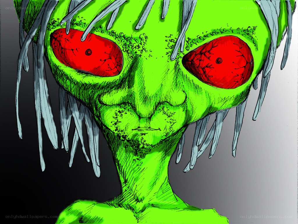 green alien with red eyes