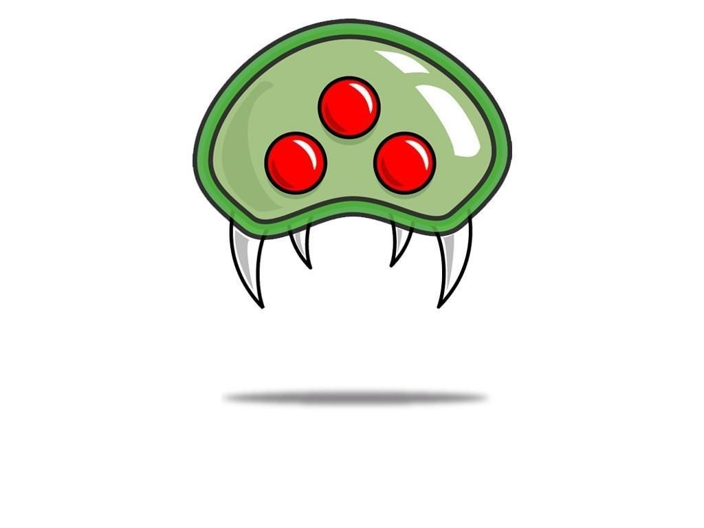 green alien with red eyes