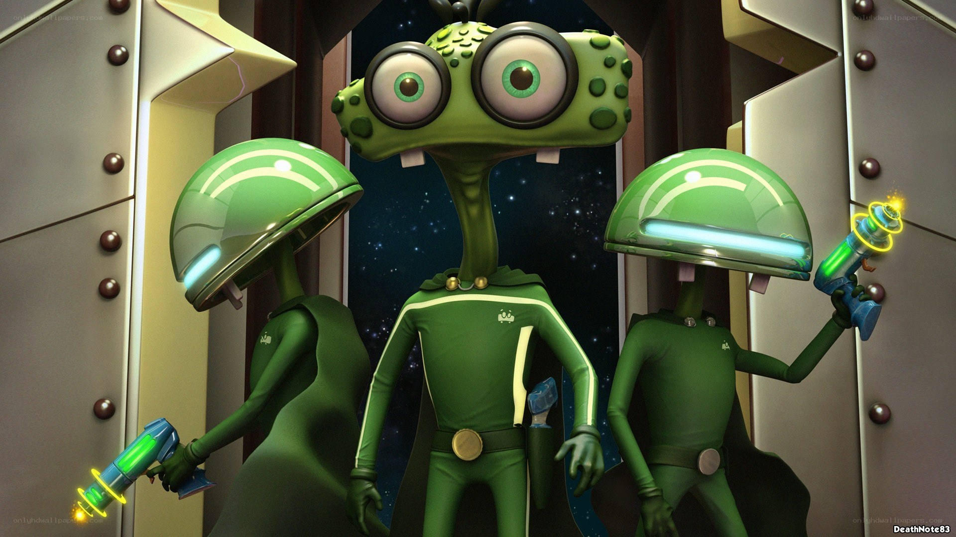 green aliens in spaceship