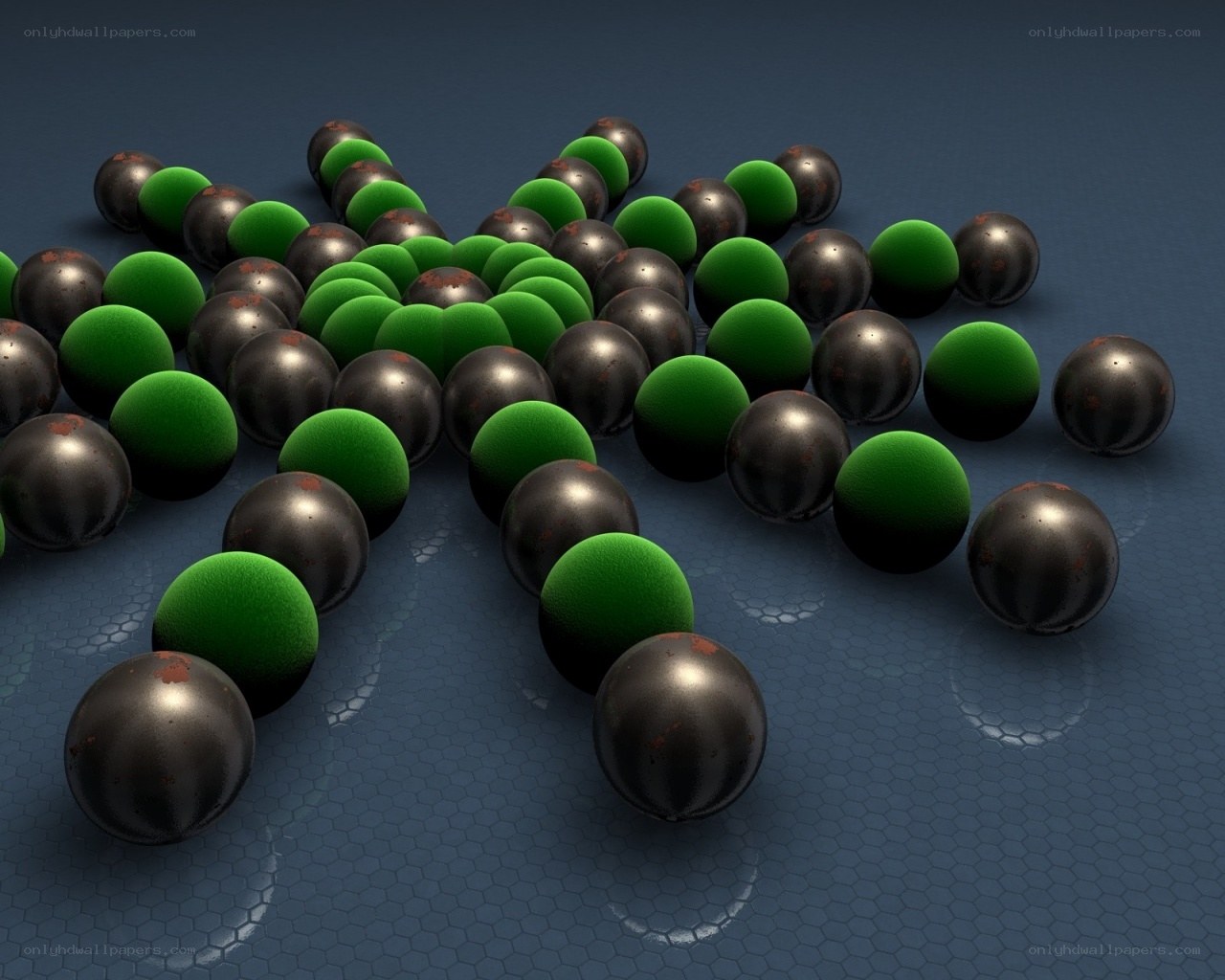 green and black spheres on blue surface