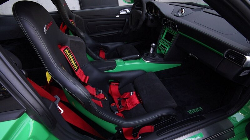 green and black sports car interior