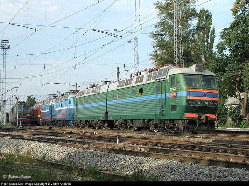 Green and blue electric locomotives