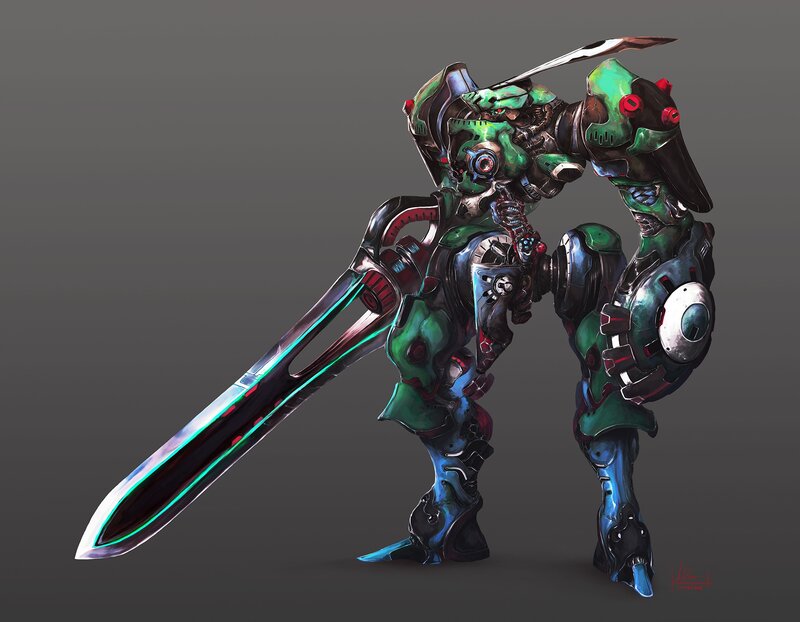 Green and Blue Robot — Dramatic, Digital Art