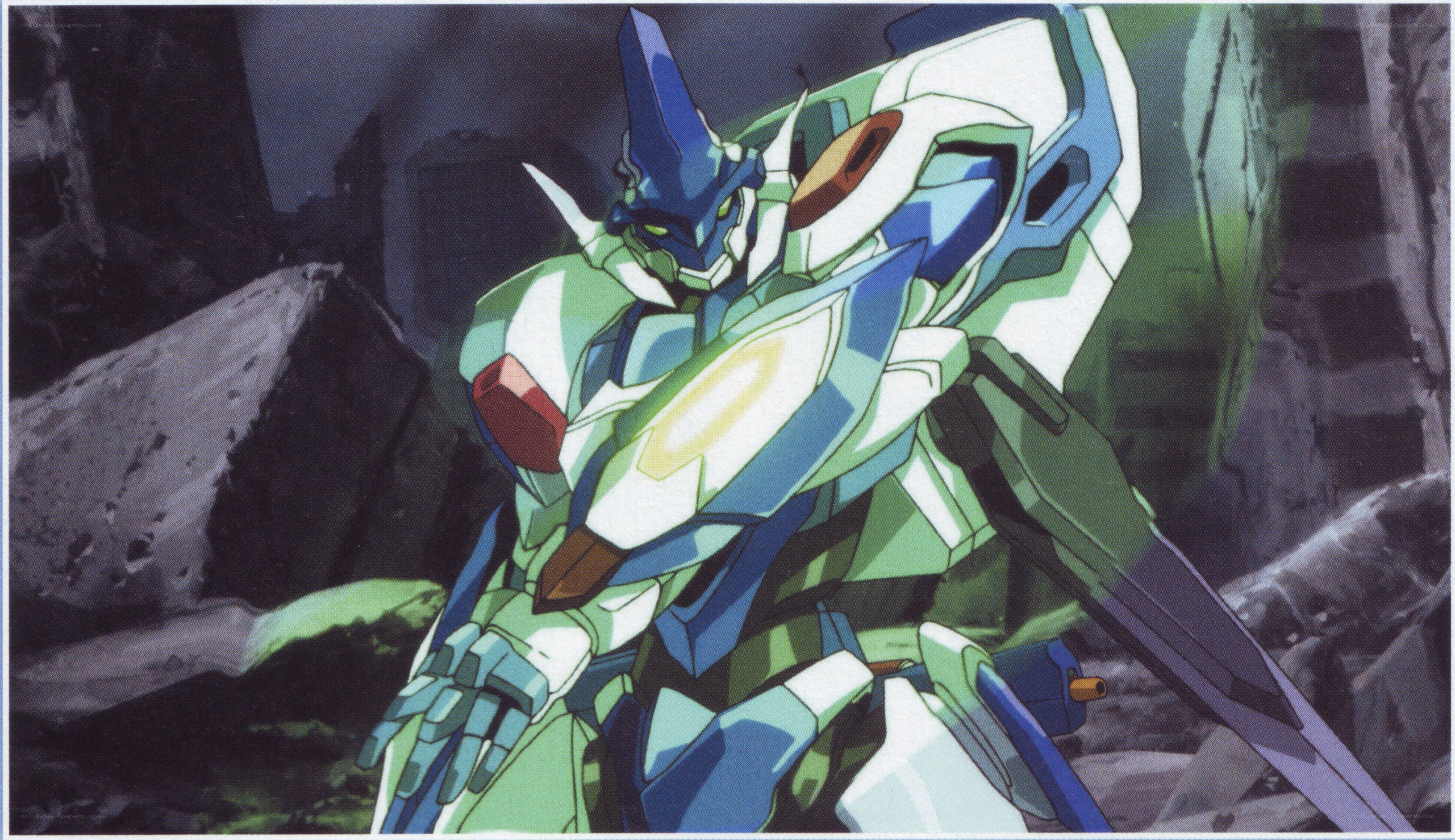 green and blue robot in ruins