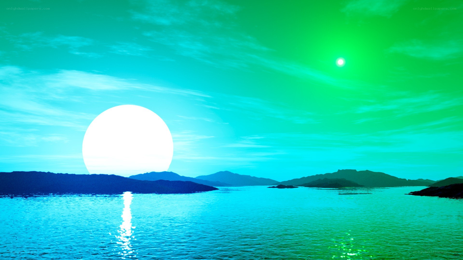 Green and blue sunset over water