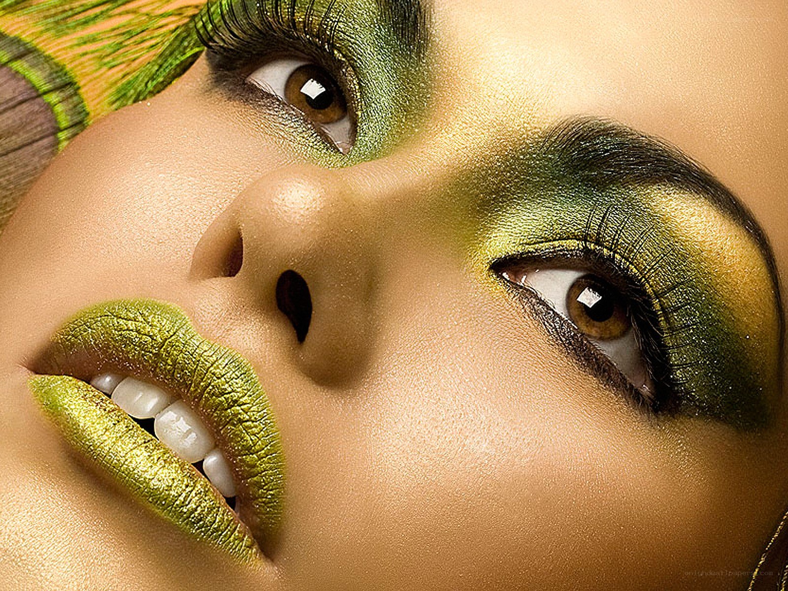 green and gold makeup close-up