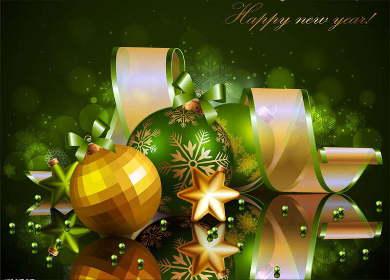 Green and Gold Ornaments — Festive, Winter, Digital Art, Ribbons