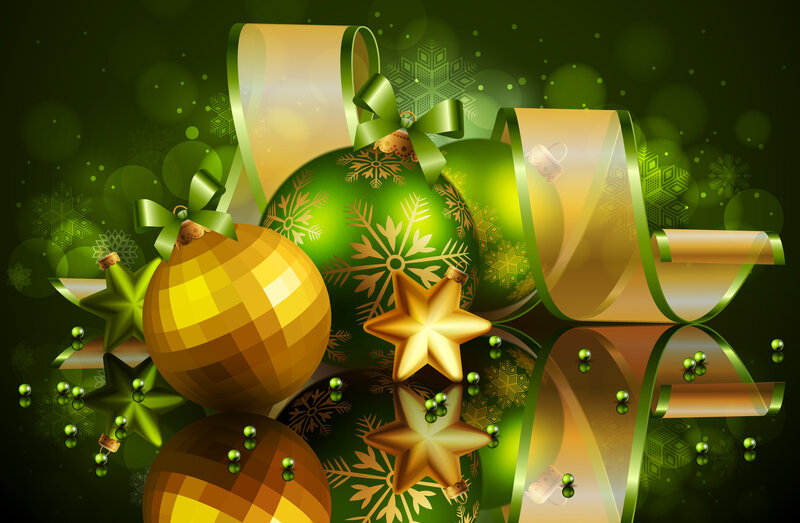 Green and Gold Ornaments — Festive, Winter, Digital Art