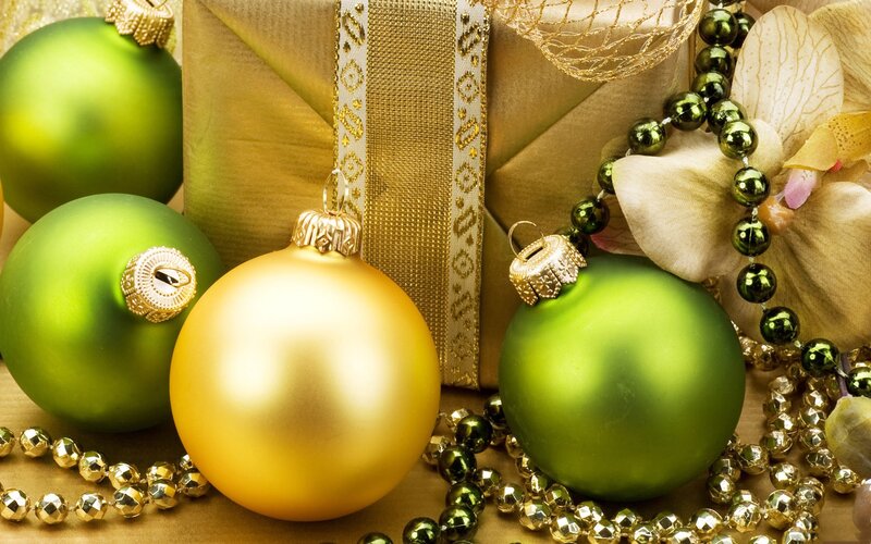 Green and Gold Ornaments — Festive, Winter, Photograph, Gift Box, Beads