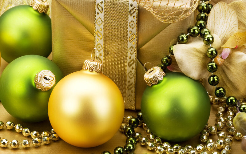 Green and Gold Ornaments — Festive, Winter, Photograph, Gift Box