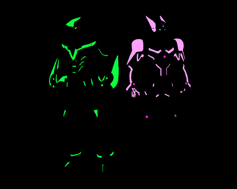 green and pink character silhouettes