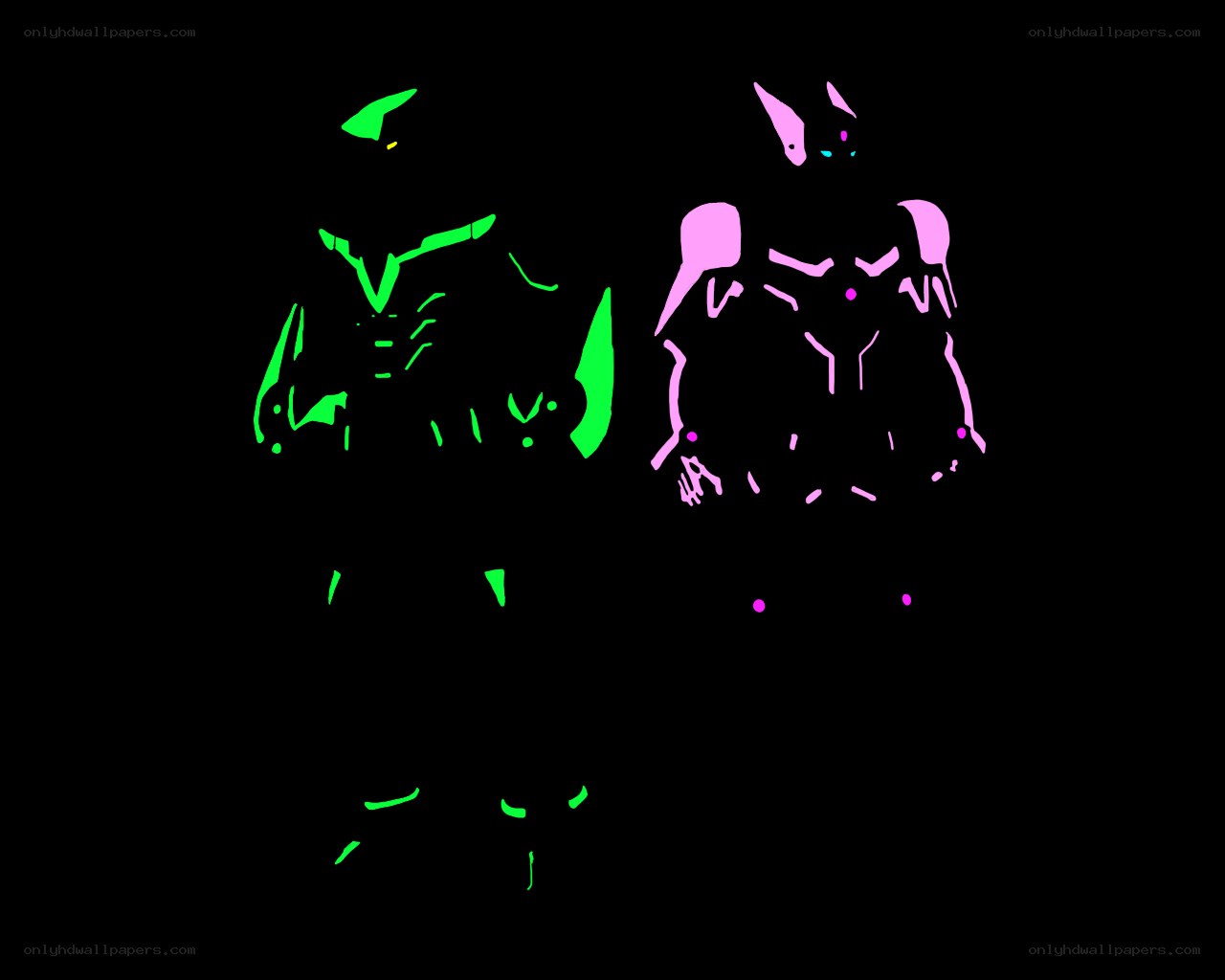 green and pink character silhouettes