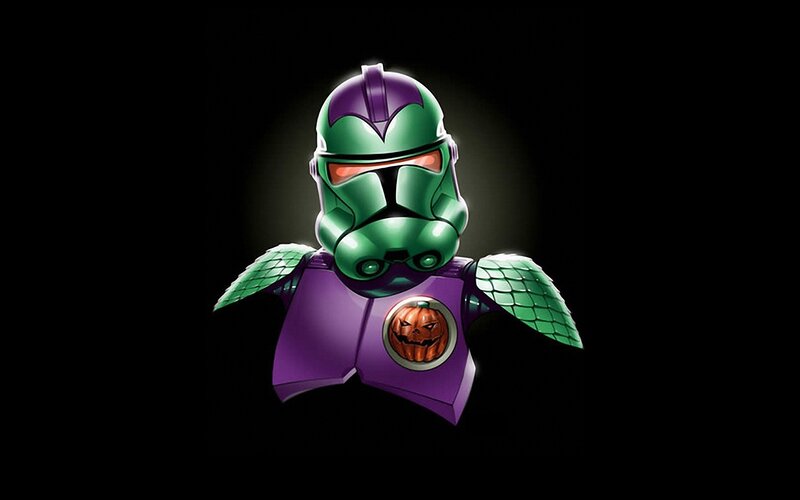 green and purple armored character